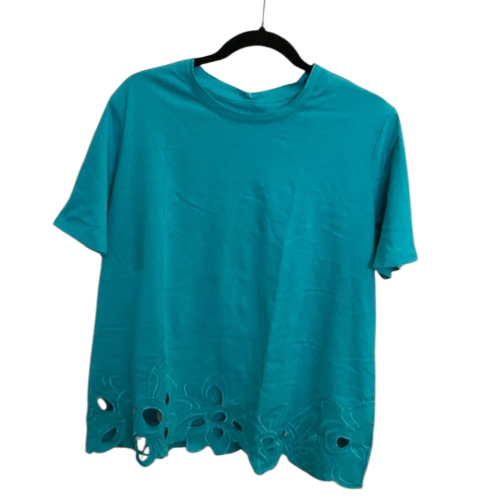 Laurie Felt Teal Short Sleeve Top with Floral Cutout Hem